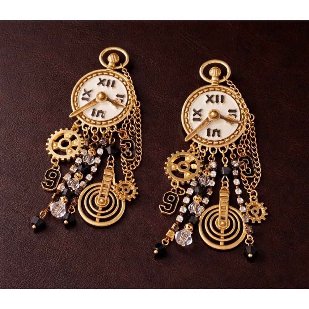 Museum Retro Clock Earrings Gold Chain CZ Steampunk Statement Art Boho Gear VTG - Picture 2 of 9